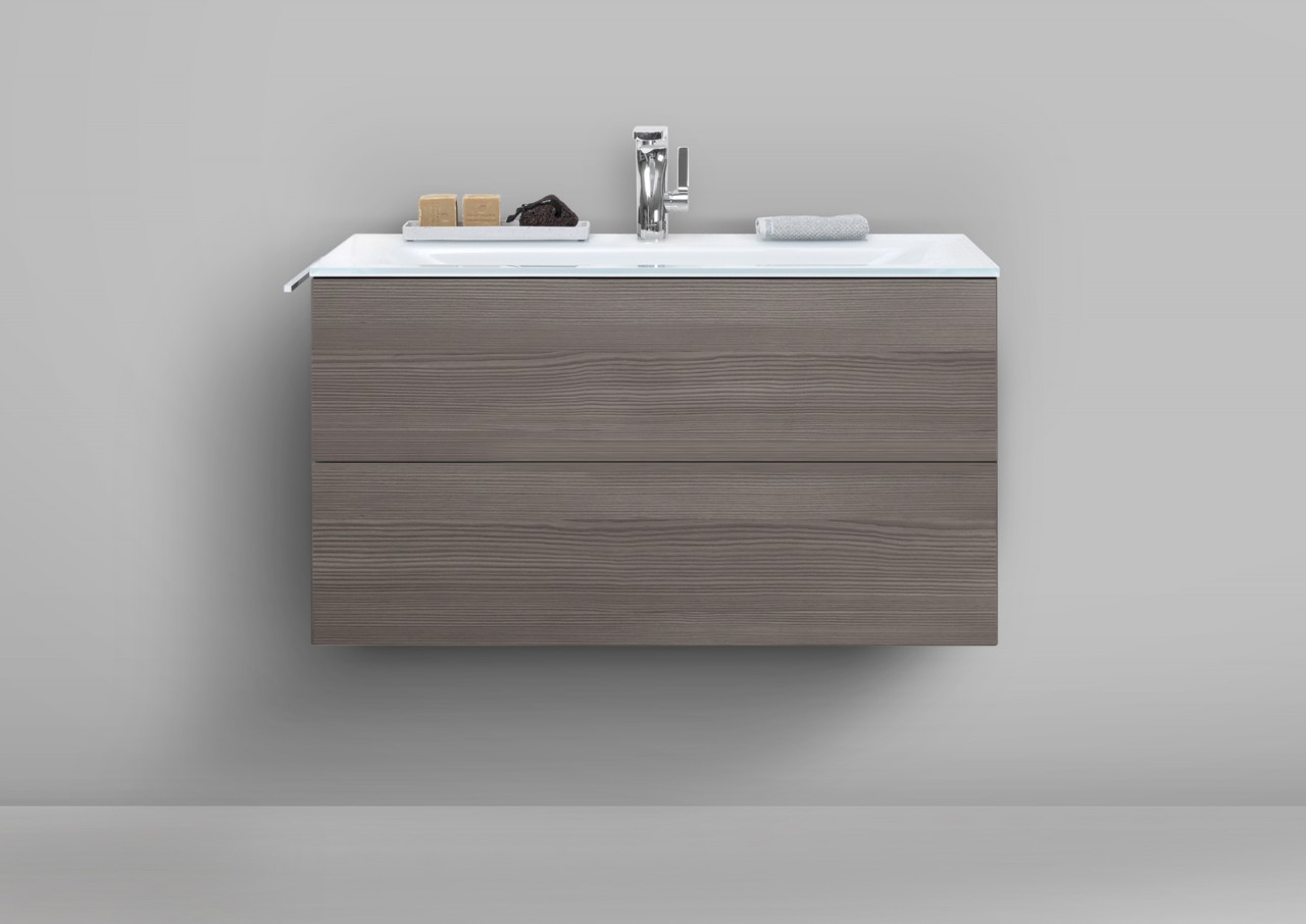 Badmöbel grifflos 90 cm Glaswaschtisch mit Unterschrank, Waschtisch Set