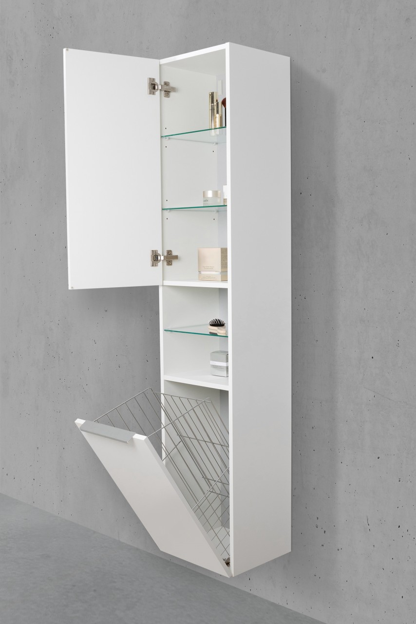 Bad Hochschrank mit Wäschekippe Seitenschrank H/B/T: 176,6/40/32,5cm Weiß Hochglanz Lack
