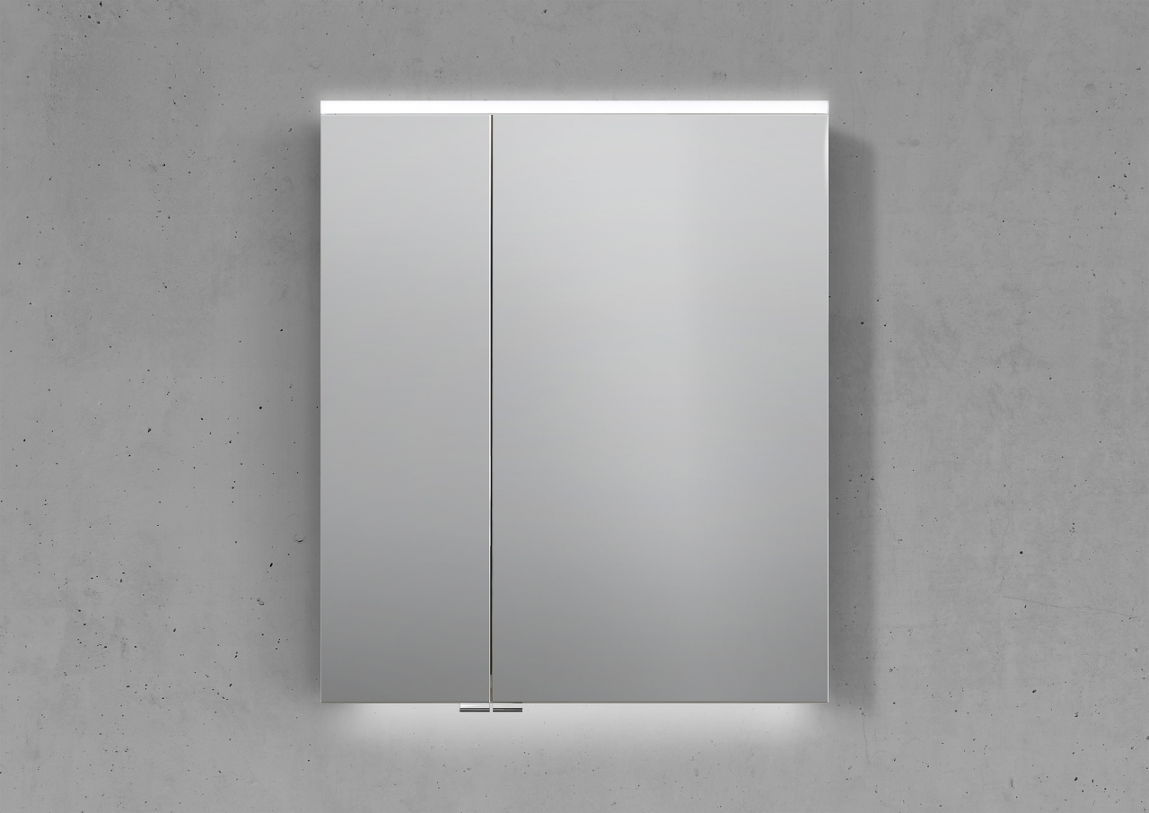 Badmöbel Shape mit Geberit Smyle Square Waschtisch 60 cm, grifflosem Unterschrank und Spiegelschrank