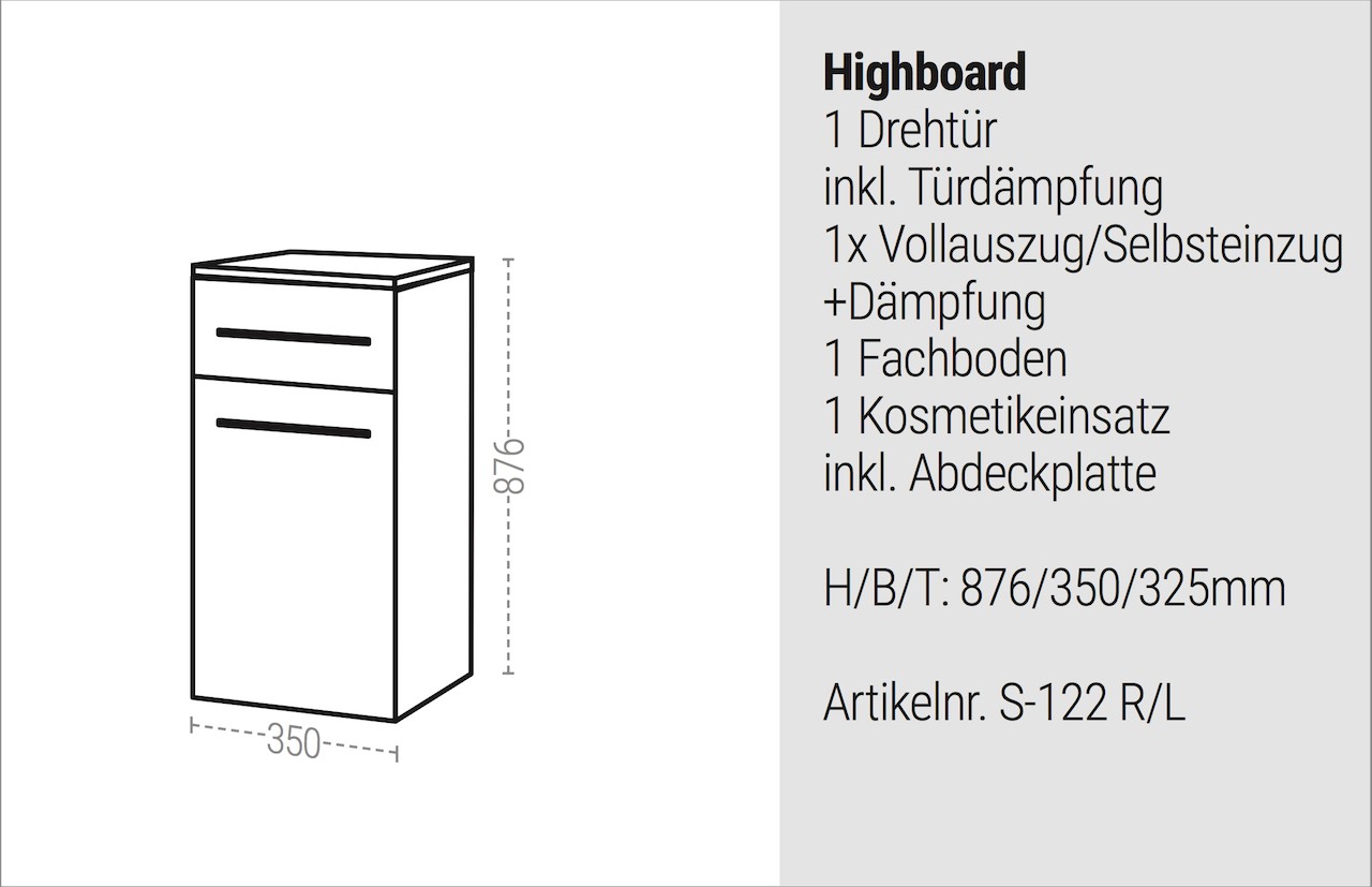 Bad Highboard Seitenschrank H/B/T 87/35/32,5cm, weiß hochglanz, vormontiert