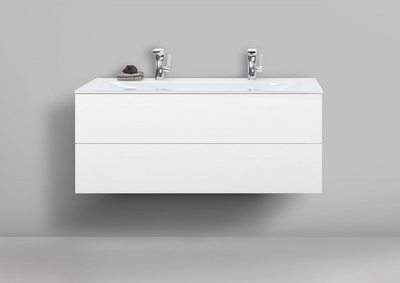 Glas- Doppelwaschtisch Optiwhite 120 cm mit Unterschrank grifflos, Waschtisch Set