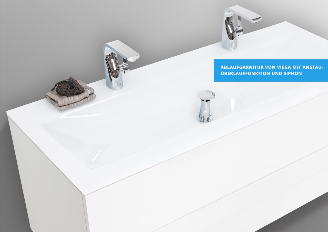 Glas- Doppelwaschtisch Optiwhite 120 cm mit Unterschrank grifflos, Waschtisch Set
