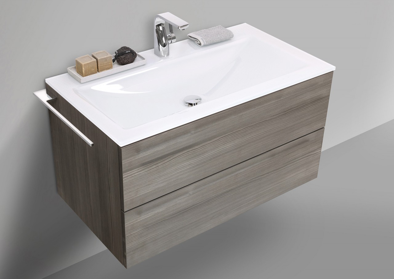 Badmöbel grifflos 90 cm Glaswaschtisch mit Unterschrank, Waschtisch Set