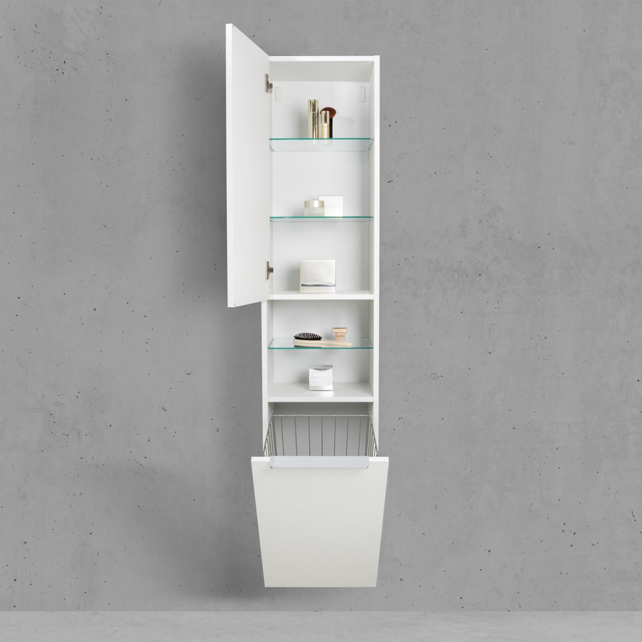 Bad Hochschrank mit Wäschekippe Seitenschrank H/B/T: 176,6/40/32,5cm Weiß Hochglanz Lack