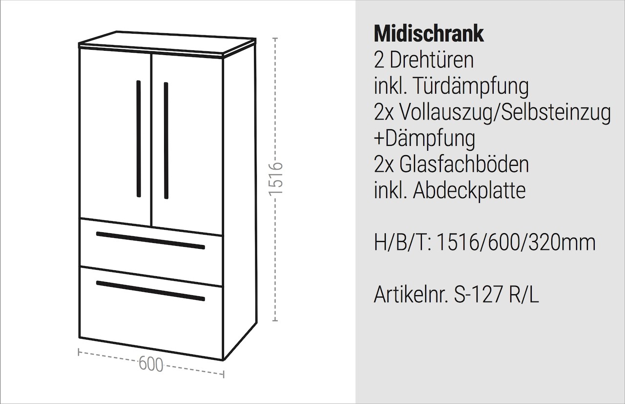 Bad Hochschrank Seitenschrank Maße: H/B/T 151,6/60/32,5cm komplett vormontiert