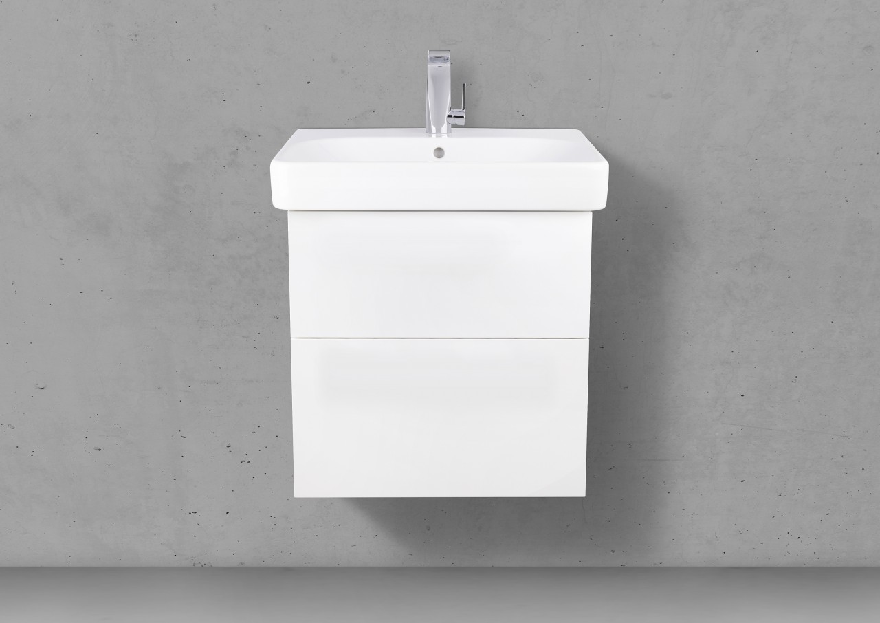 Badmöbel Shape mit Geberit Smyle Square Waschtisch 60 cm, grifflosem Unterschrank und Spiegelschrank