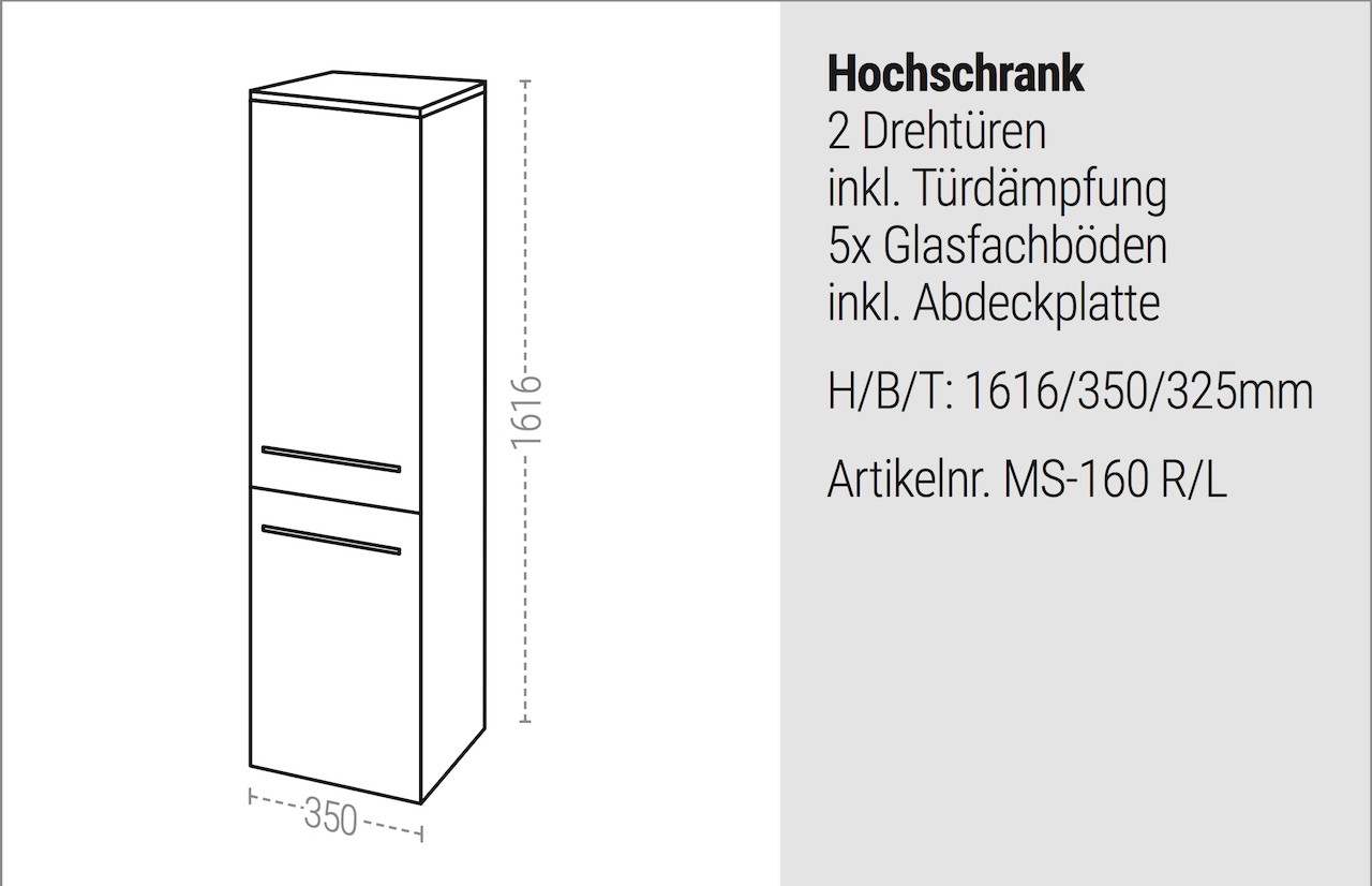 Bad Hochschrank Badmöbel Maße: H/B/T 160/35/32,5 cm komplett vormontiert