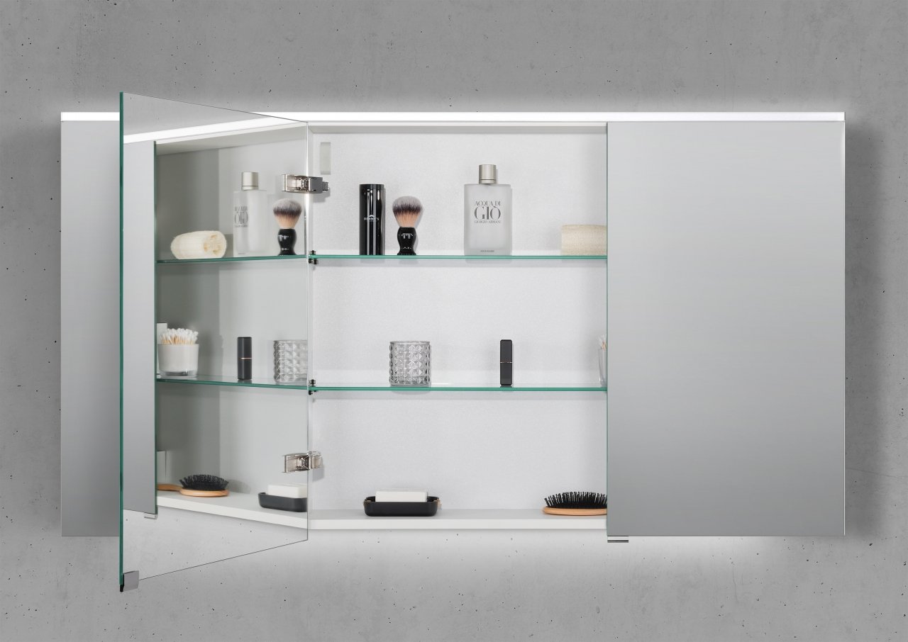 Spiegelschrank 130 cm integrierte MULTI Light LED Beleuchtung Doppelspiegeltüren Spiegelschrank 130 cm integrierte MULTI Light LED Beleuchtung Doppelspiegeltüren