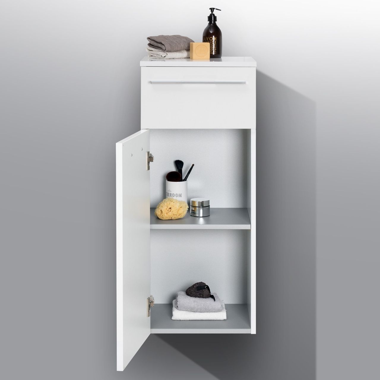 Bad Highboard Seitenschrank H/B/T 87/35/32,5cm, weiß hochglanz, vormontiert