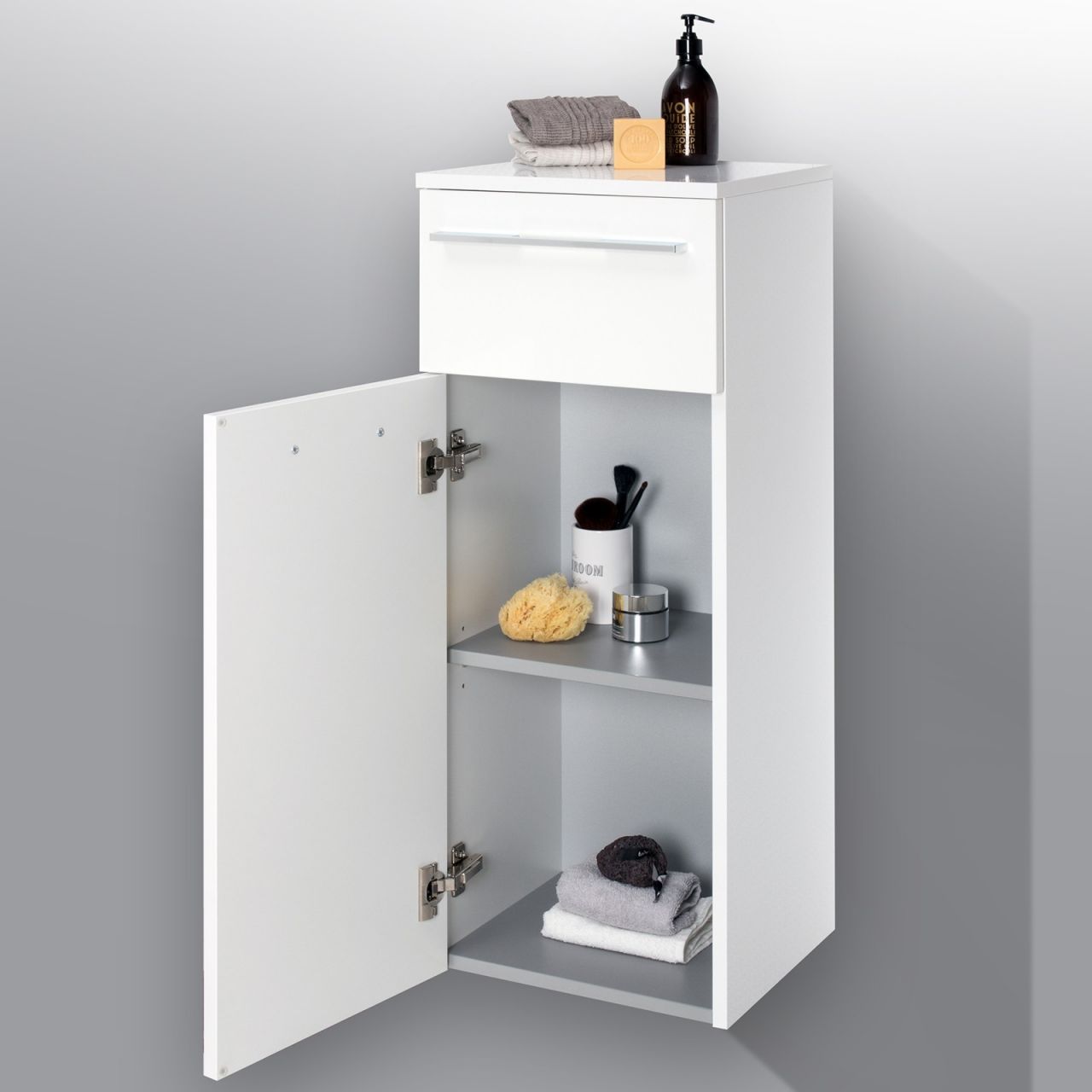 Bad Highboard Seitenschrank H/B/T 87/35/32,5cm, weiß hochglanz, vormontiert